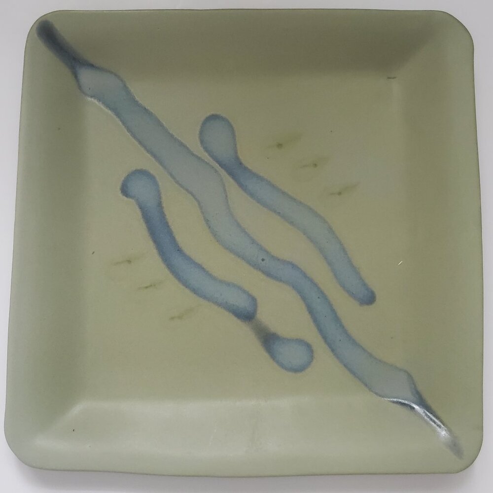 Vintage HILBORN Pottery Square Dinner Plate Earthy Green Blue Abstract Art 9.5"